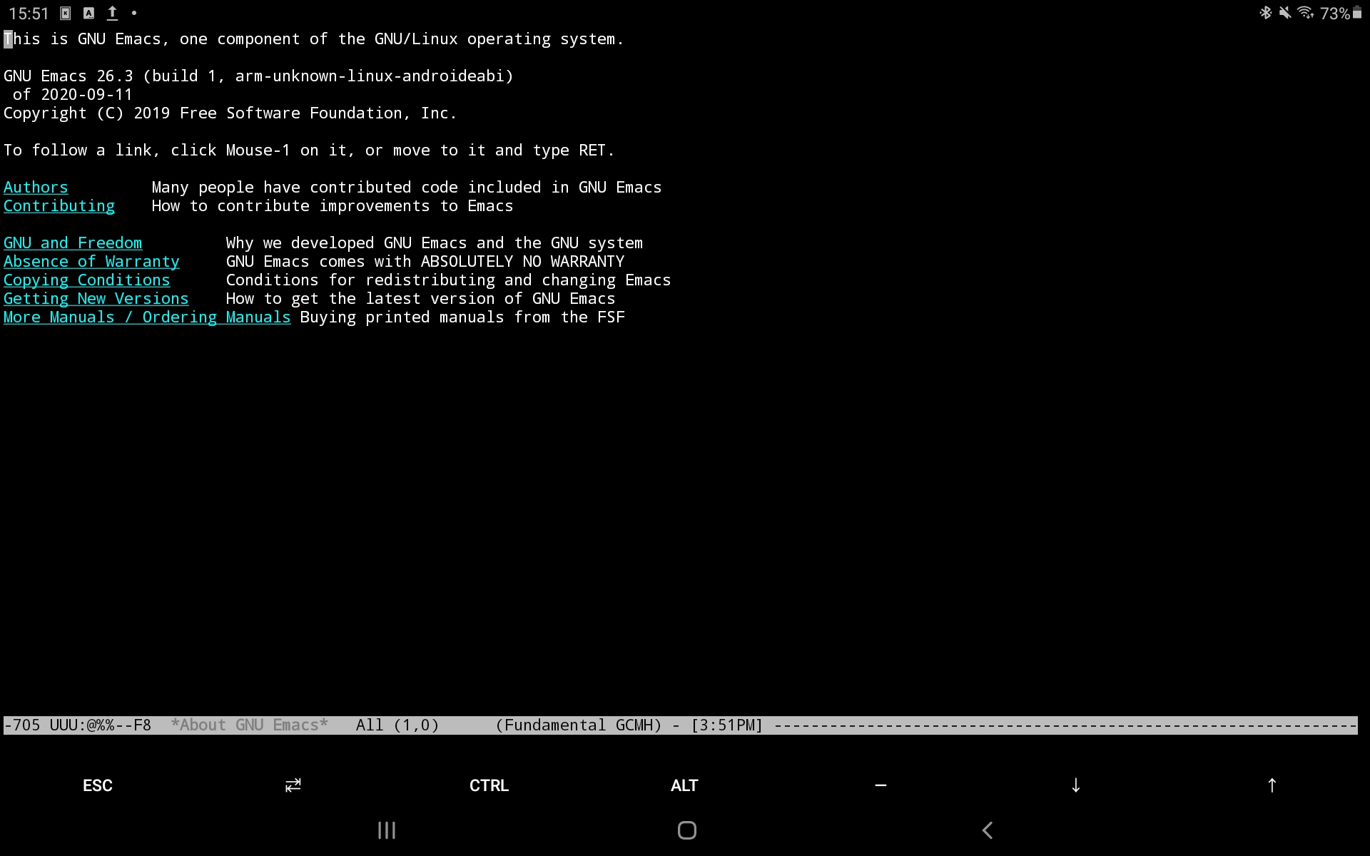 Emacs running on termux, showing the Emacs welcome screen